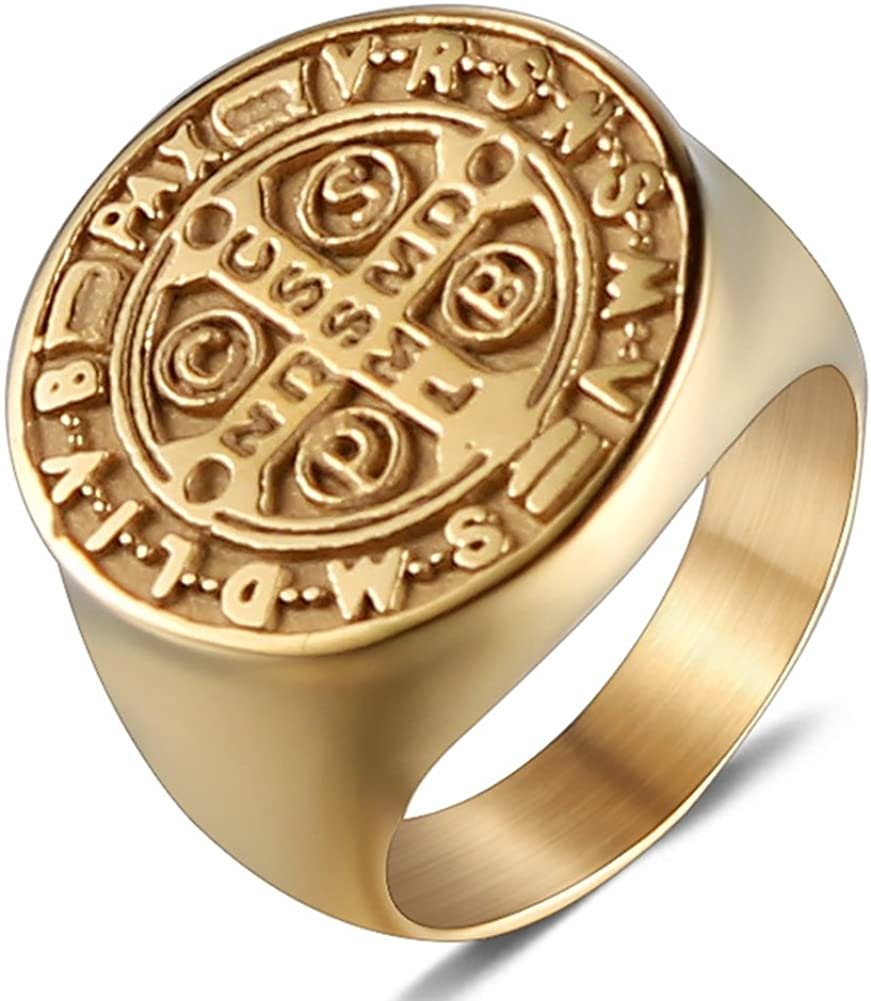 JAJAFOOK Men Gold Plated Stainless Steel Catholic St Benedict Exorcism Signet Ring Cross Band