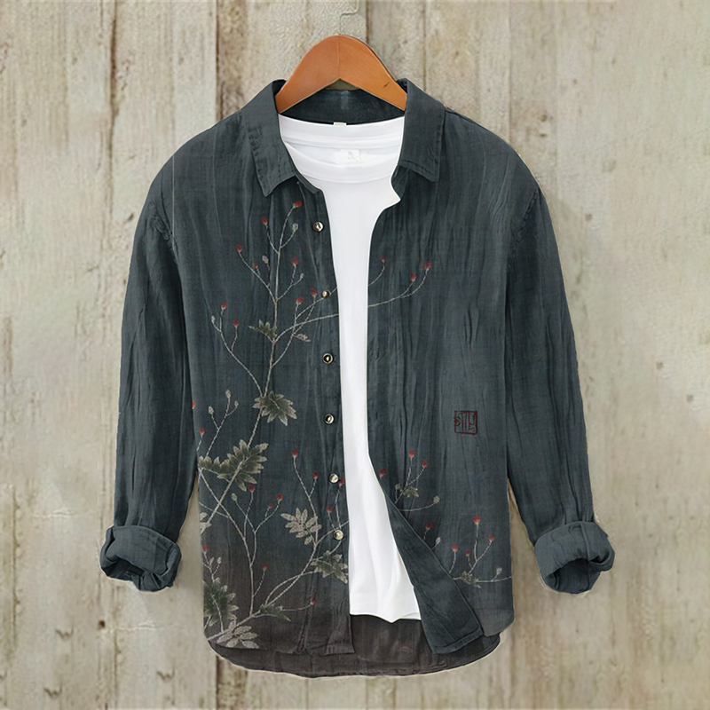Comstylish Men's Vintage Japanese Art Casual Linen Blend Shirt