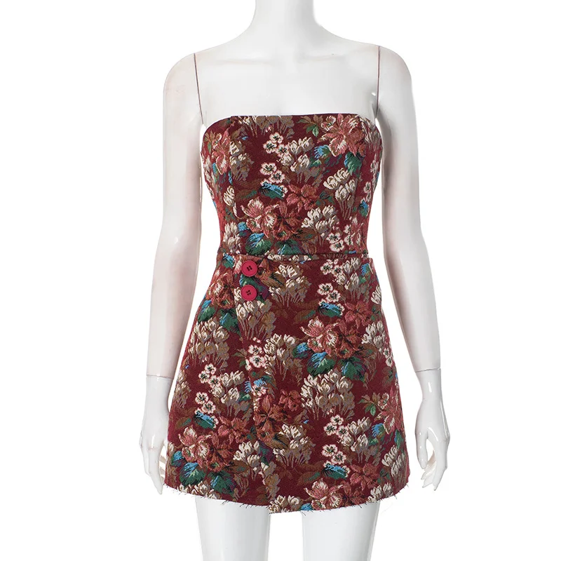 Uveng Uveng Women's Autumn And Winter Sleeveless Shoulders-Bossed Flowers With A Lettering Button Dress