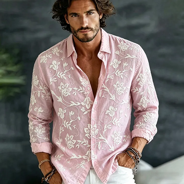 Men's Vintage Spring Floral Embroidered Art Print Flowy Linen Blend Casual Shirt