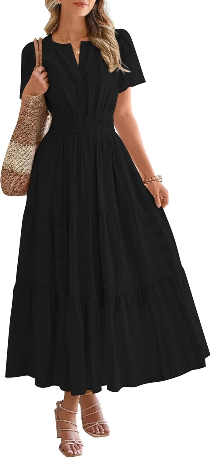 Womens Summer 2025 Casual Midi Maxi Dresses Lightweight Short Sleeve V Neck Elastic Waist Boho Beach Dress Pockets 