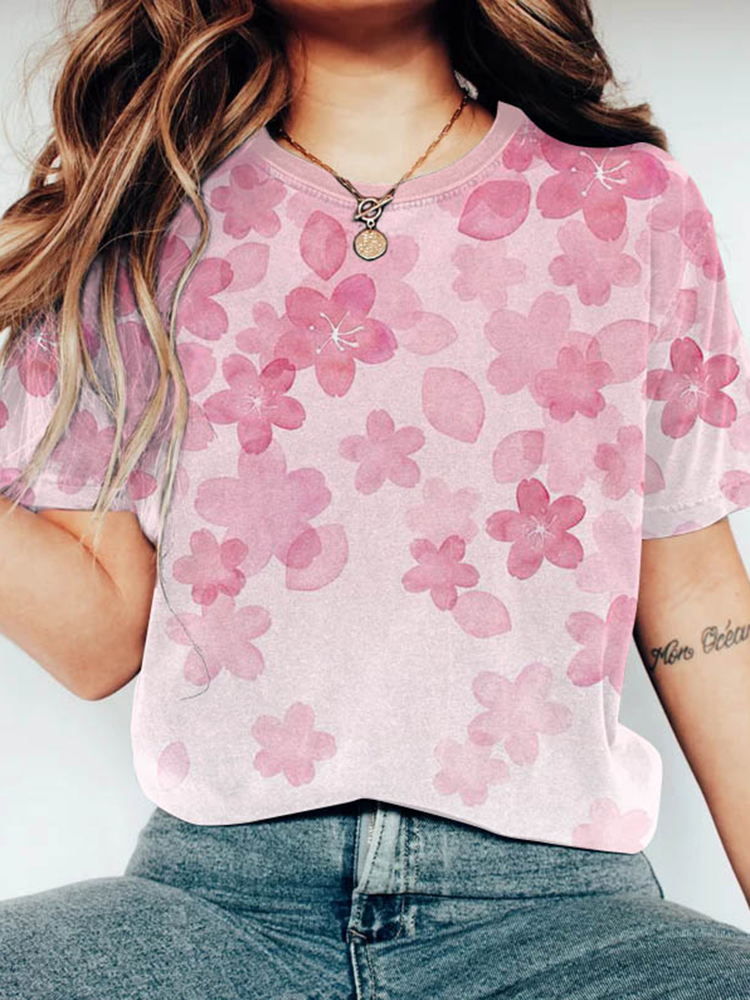 Comstylish Vintage Japanese Art Sakura Round Neck T-Shirt