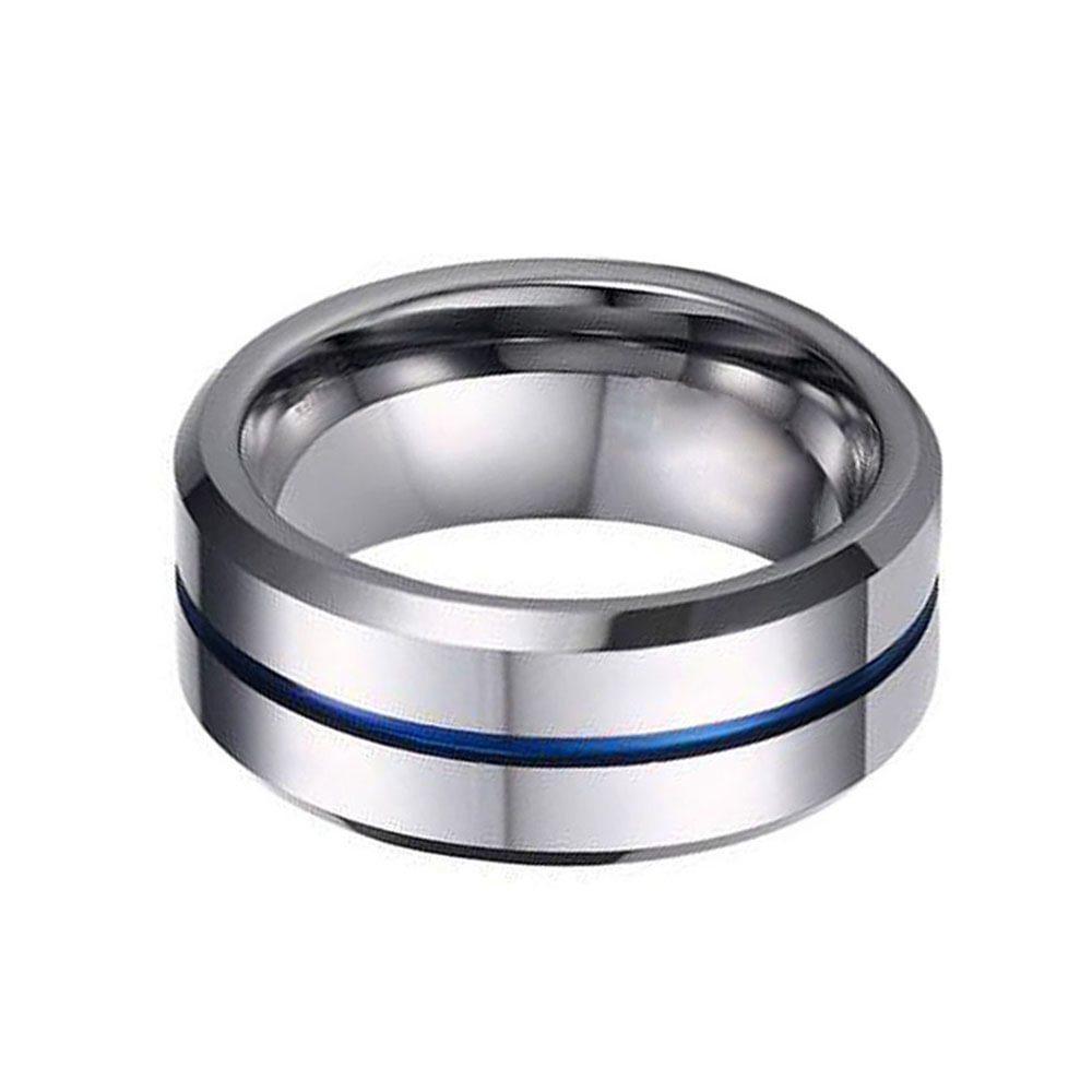 Mens 8MM Silver Polish Finish Tungsten Carbide Rings Blue Thin Groove Wedding Band