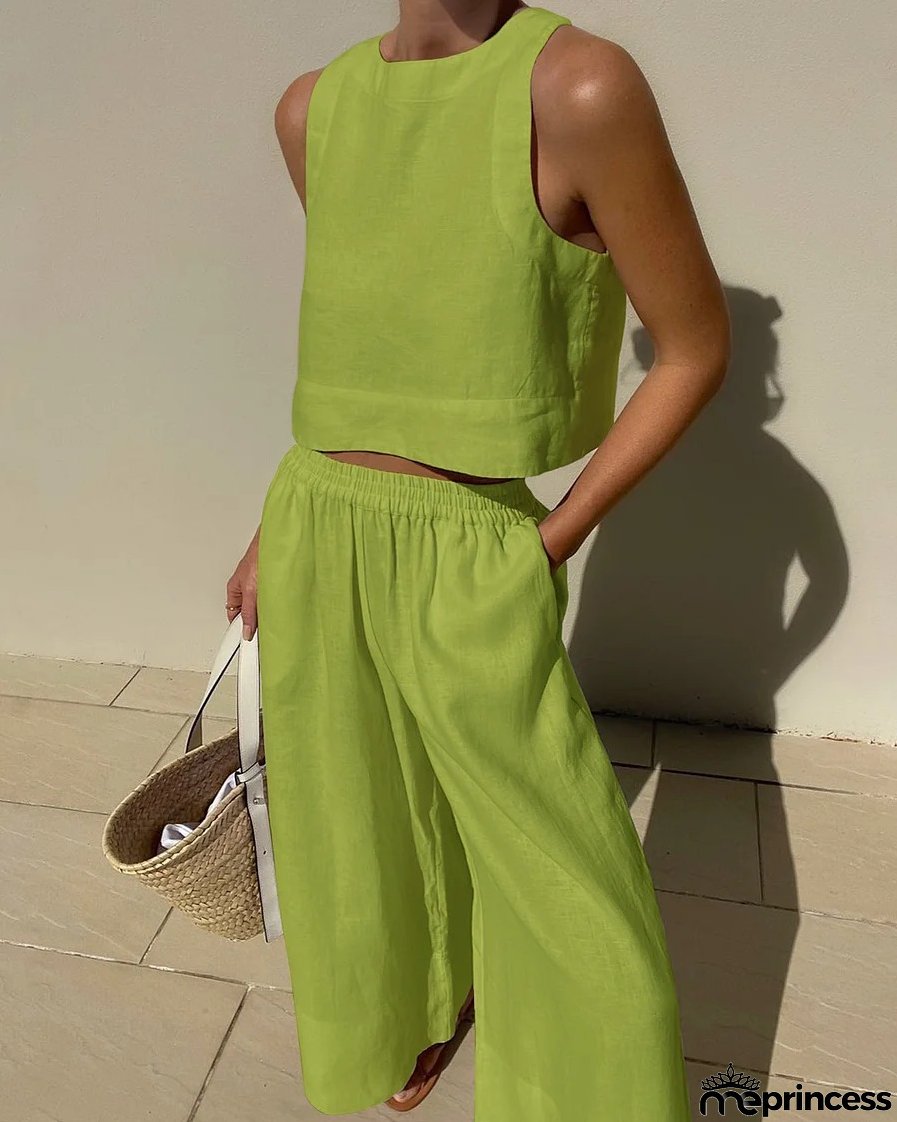 Women's Casual Set Loose Solid Color Sleeveless Shirt and Wide Leg Trousers Two-Piece Set