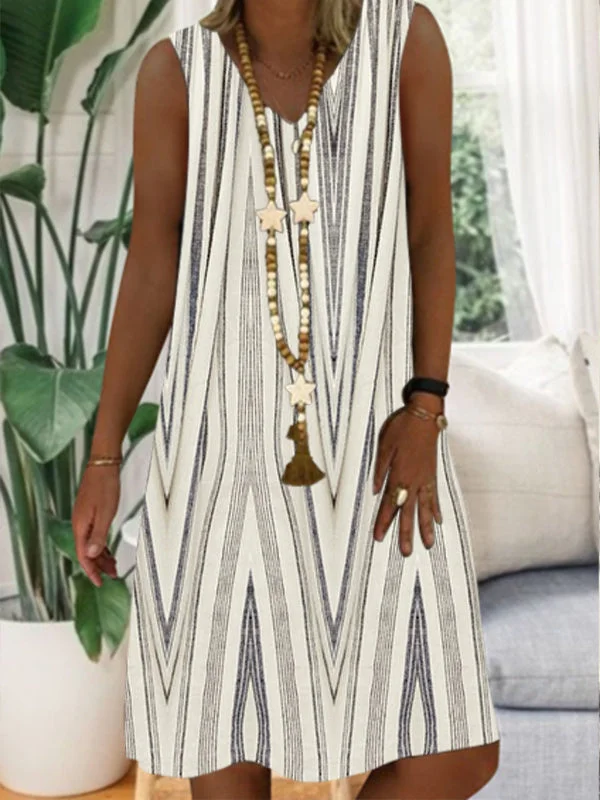 Women Sleeveless V-neck Striped Graphic Midi Dress