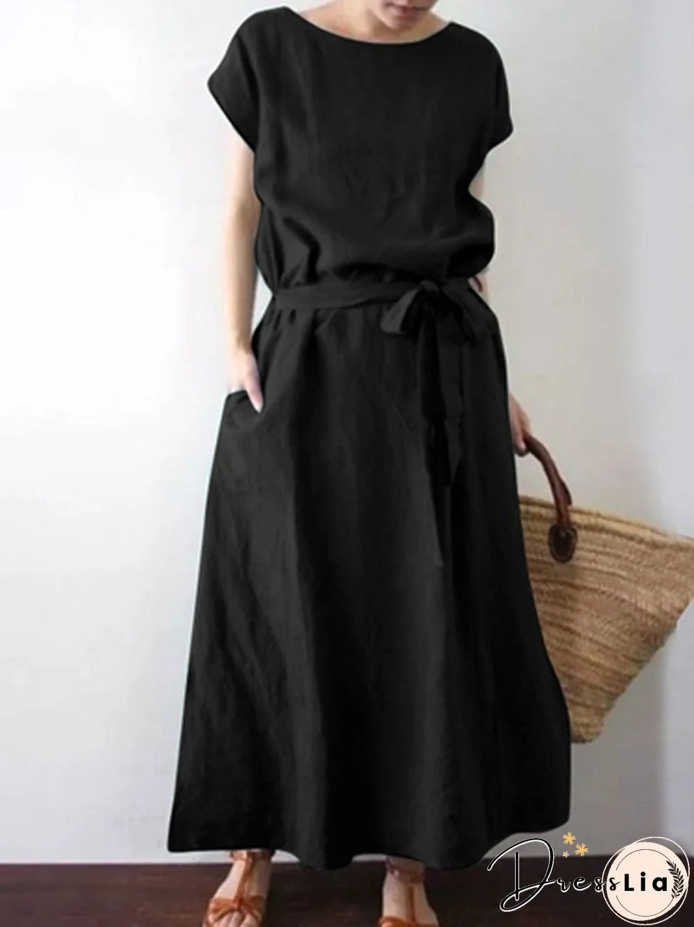 Casual O-Neck Solid Color Cotton Linen Belt Long Dress Retro Simple Commute Dress Women Fashion Loose Short Sleeve Pocket Dress