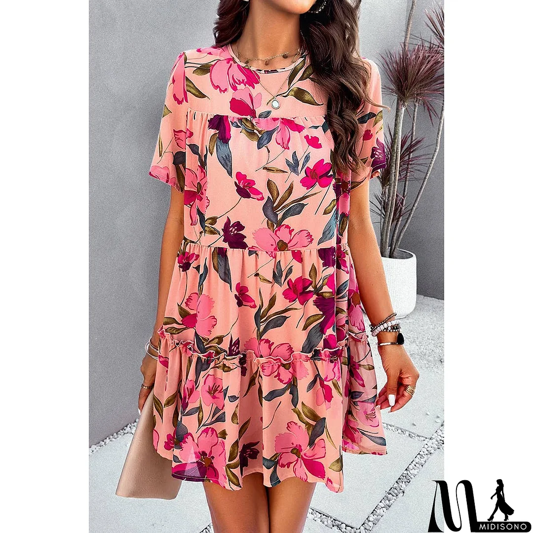 MidiSono - Knot Back Floral Lined Ruffle Loose Dress