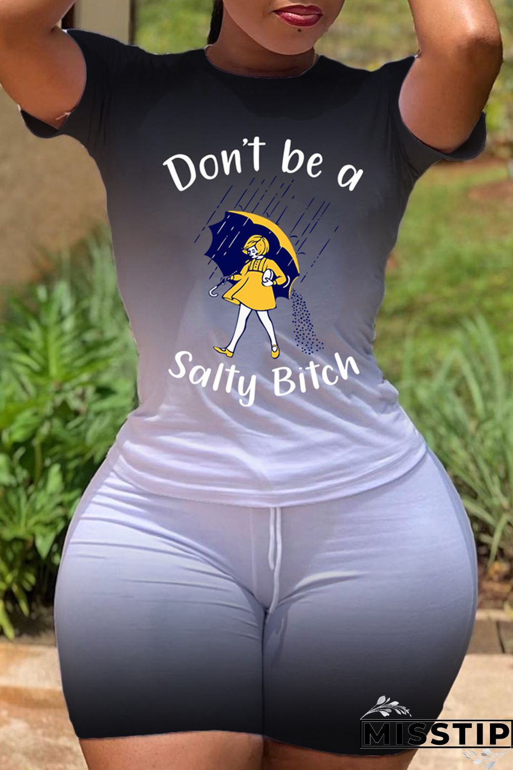 Black Fashion Casual Gradual Change Print Basic O Neck Short Sleeve Two Pieces