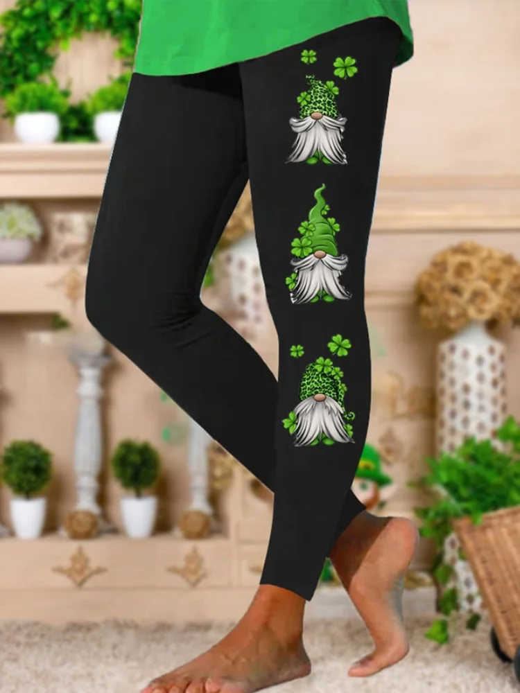 Wearshes St Patrick's Day Gnome Clover Print Casual Leggings