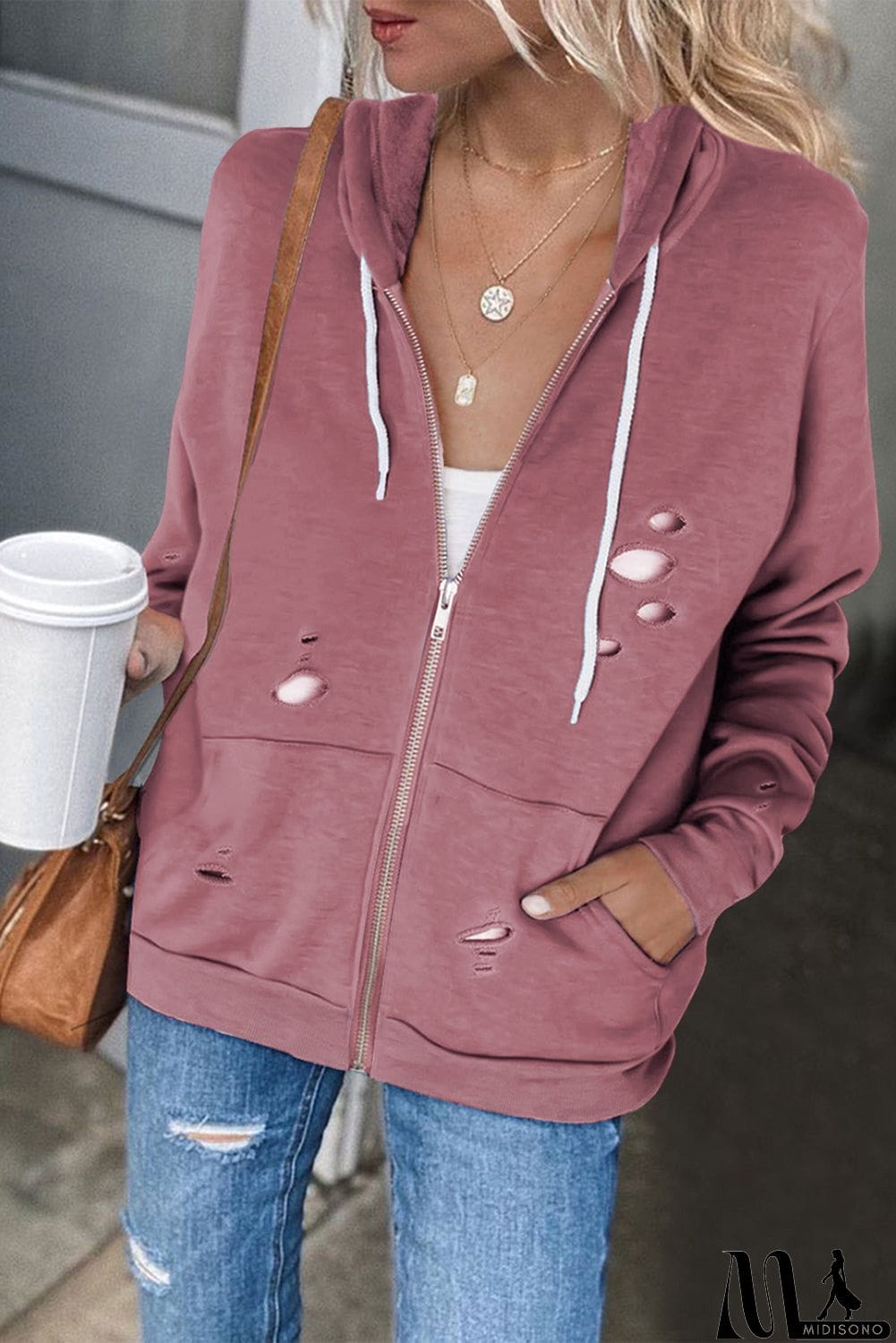MidiSono - Ripped Zipper Pocket Hoodie