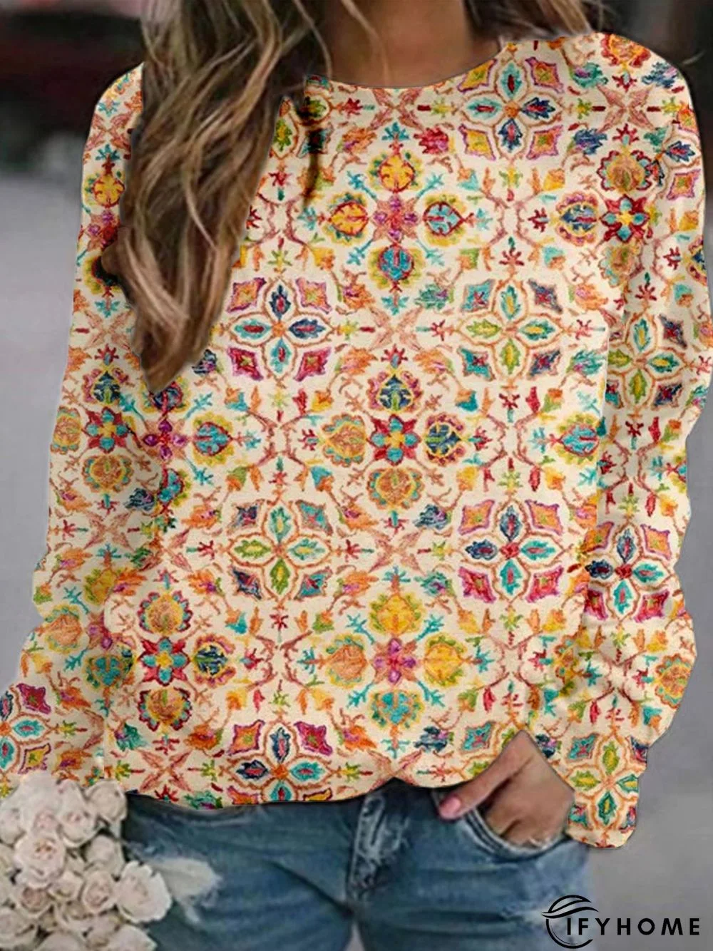 Casual Long Sleeve Round Neck Printed Top Sweatshirt | IFYHOME
