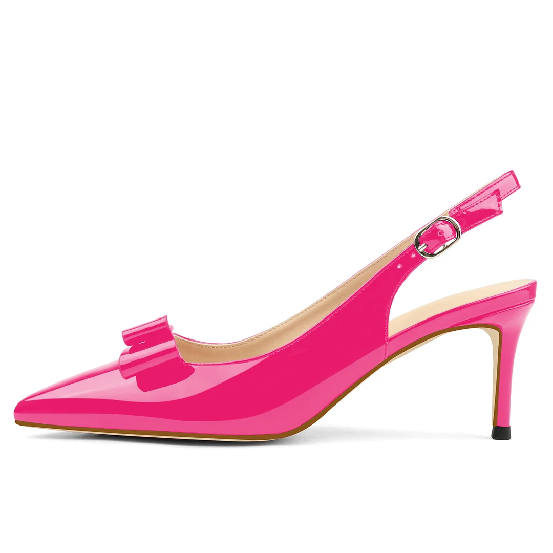 6.5cm /2.55 inch Pointed Toe Bows Slingback Buckle Pumps Kitten Patent Heels