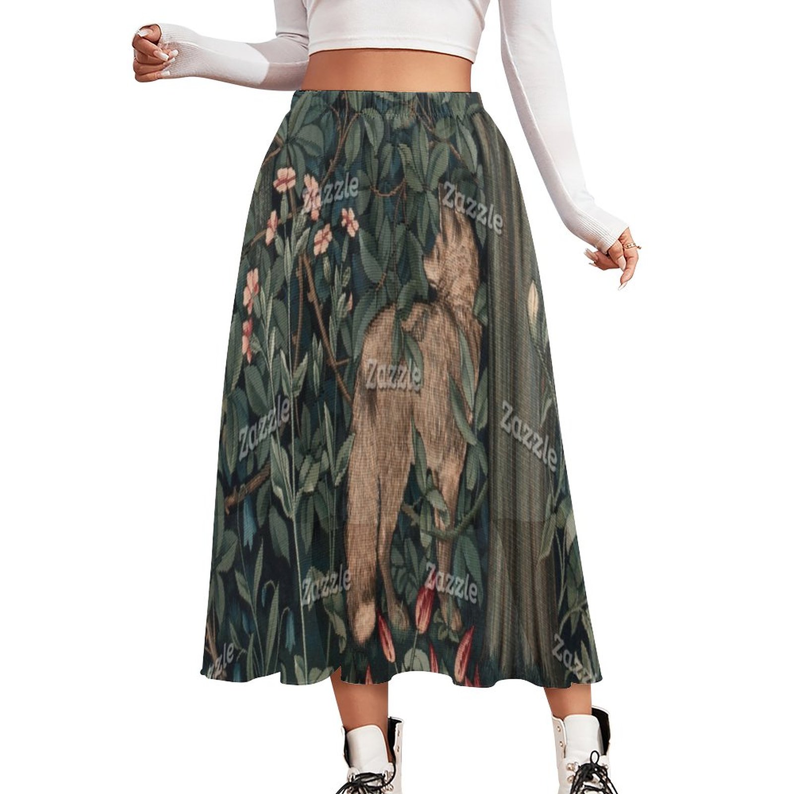 William Morris Wildlife Fox Greenery Art Print Double-Layered High Waist Midi Chiffon Skirt