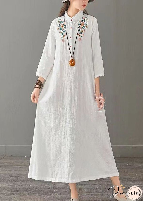 White Patchwork Cotton Long Dress Embroideried Stand Collar Fall