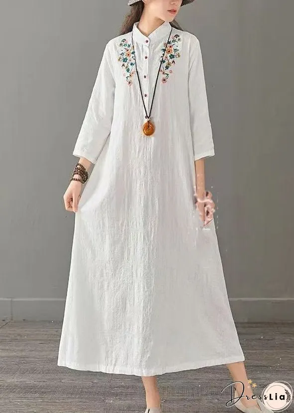 White Patchwork Cotton Long Dress Embroideried Stand Collar Fall