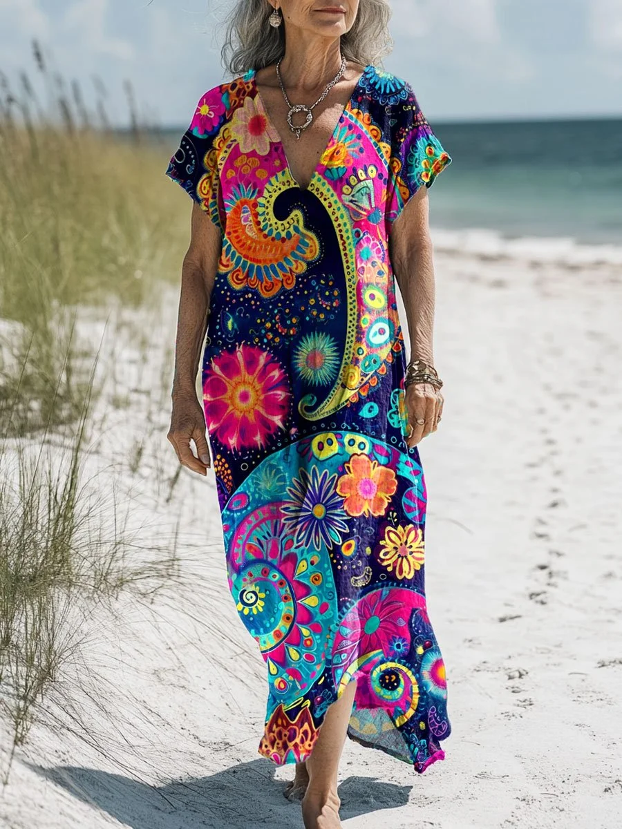 Women's Vintage Floral Art Print Pocket Cotton Dress