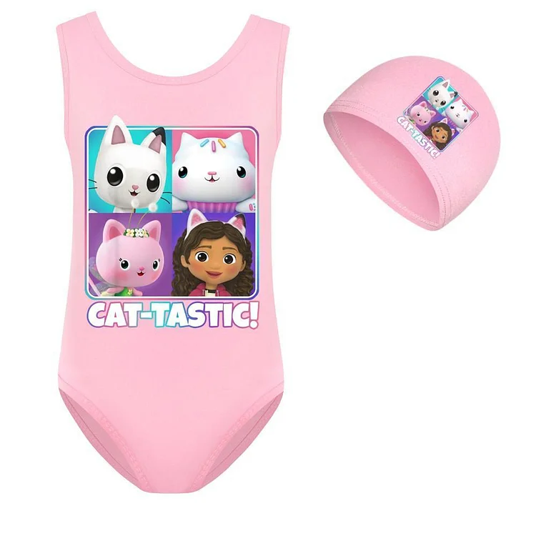Cat Tastic Print Little Girls Cute One Piece Sporty Beach Swimsuit-Mayoulove