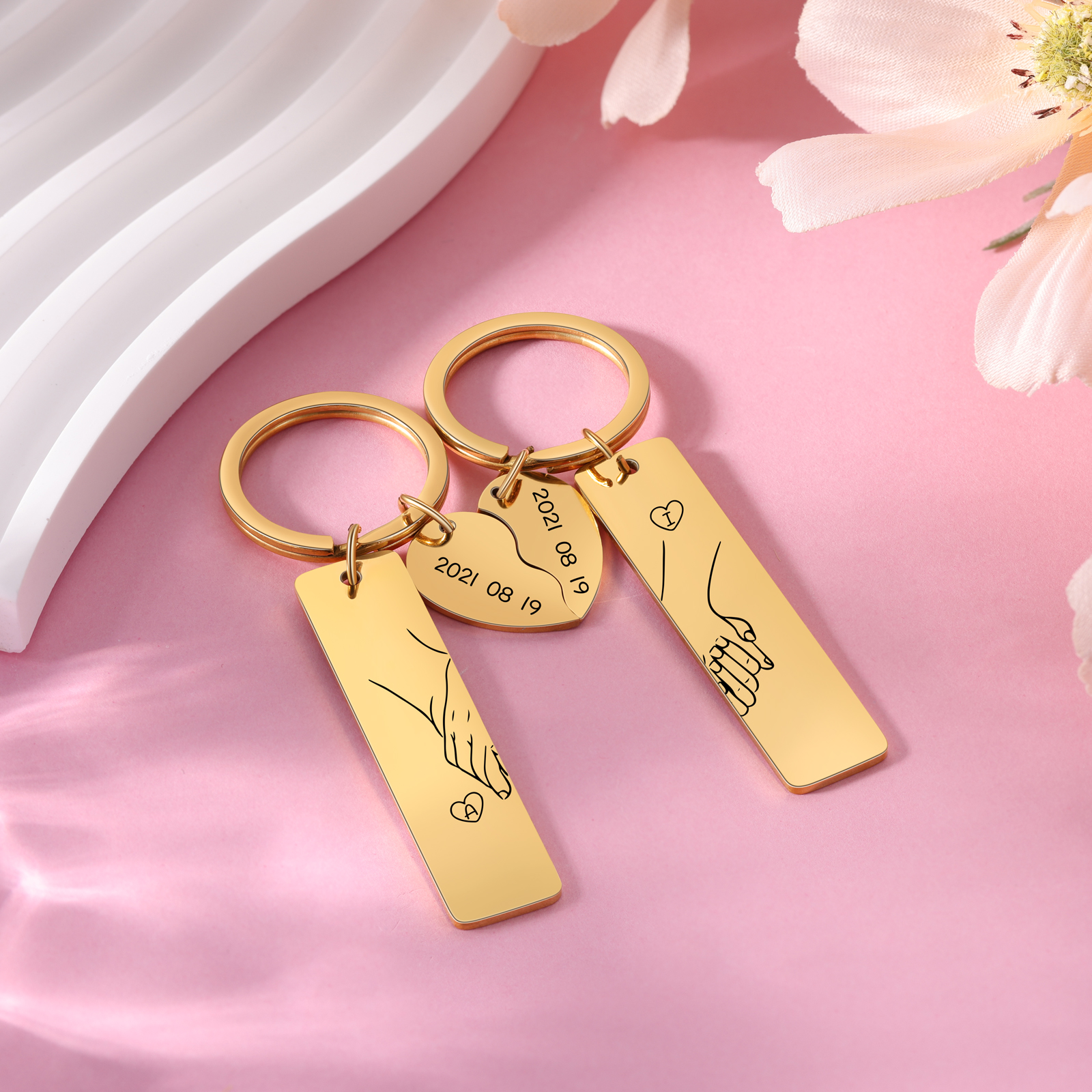Personalized Hand in Hand Couple Keychain Set With Gift Box, Custom