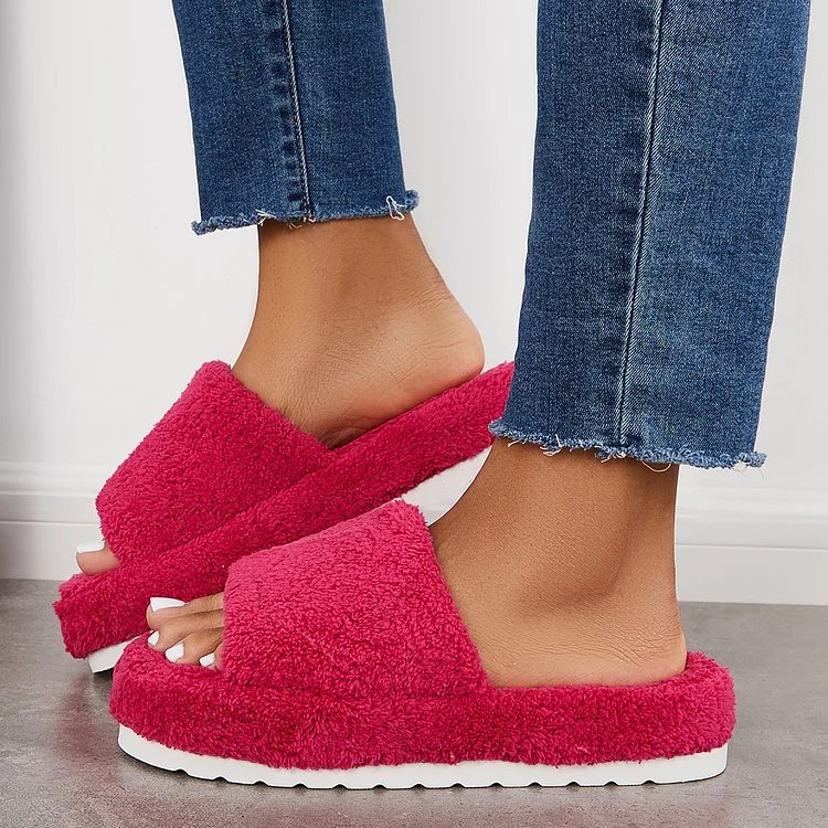 Open Toe Faux Fur Flat Slippers Soft Warm Slip on Furry Slippers