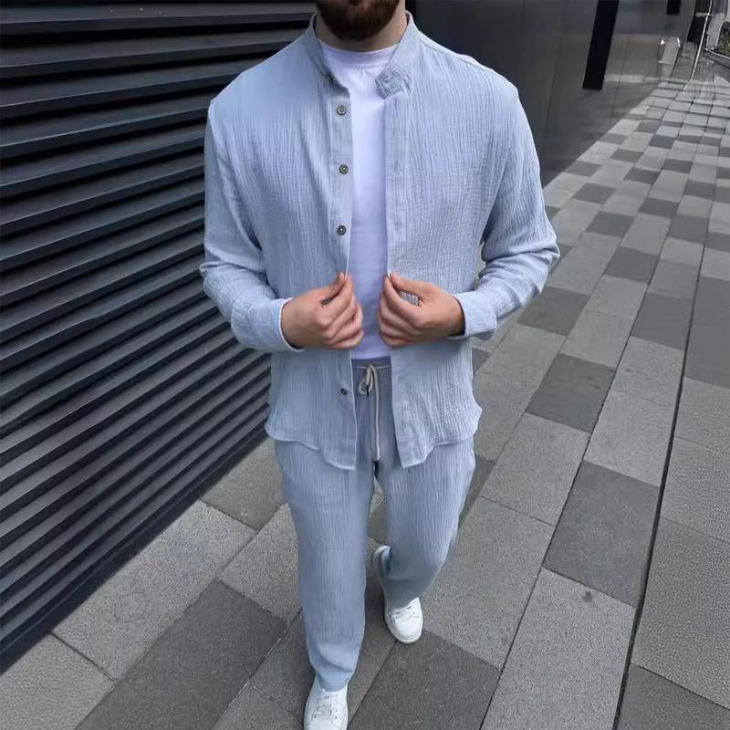 Men's casual cotton and linen long-sleeved trousers two-piece set