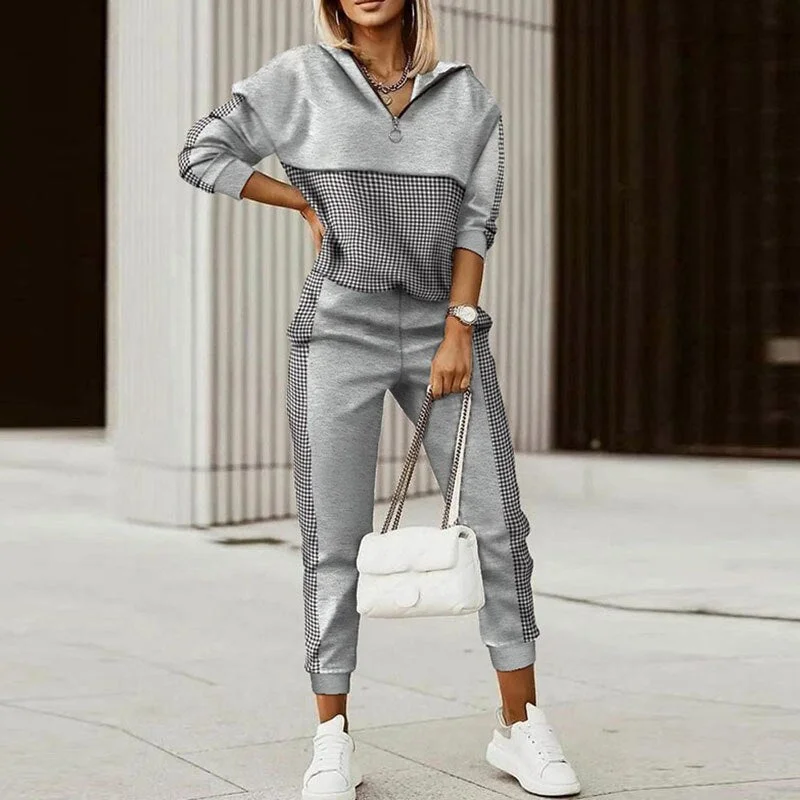 Women Spring Tracksuits Elegant Patchwork Print 2 PC Sets Long Sleeve V-Neck Pullover Top Loose Long Pants Casual Outfit Jogging