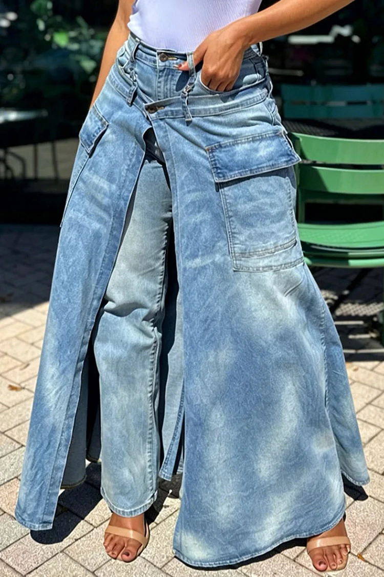 Plus Size Daily Casual Light Blue With&nbsp;Skirt&nbsp;Overlay&nbsp;Pocket Denim Jeans [Pre-Order] 2024 - Xpluswear