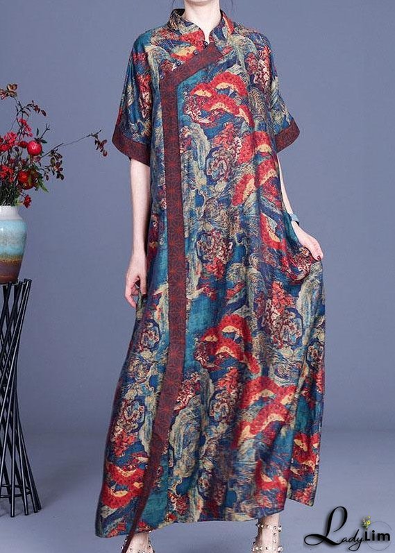 Bohemian Blue Print Silk Robe Dresses Spring
