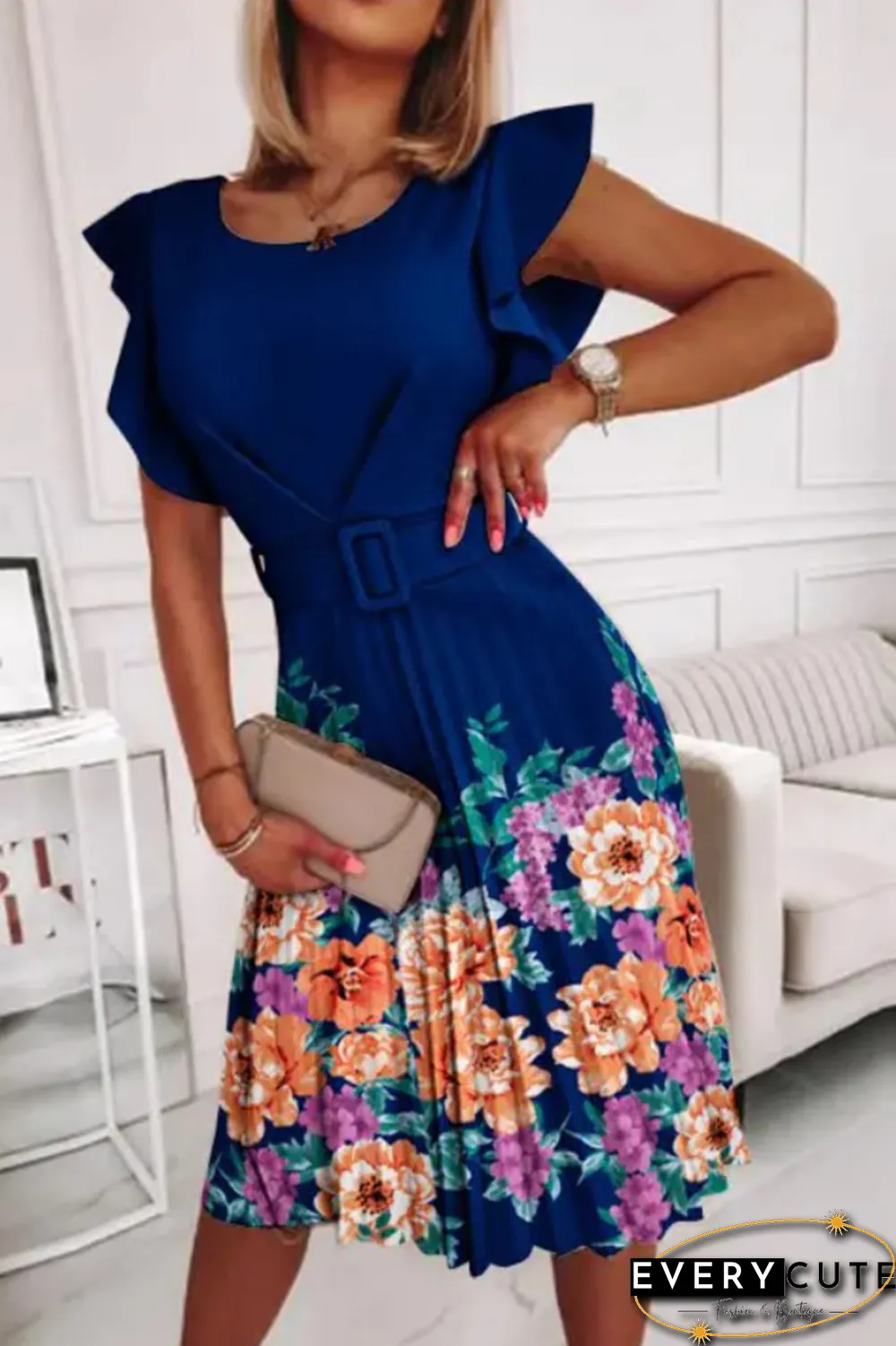 Fashion Print Flounce O Neck Cake Skirt Dresses(3 Colors)
