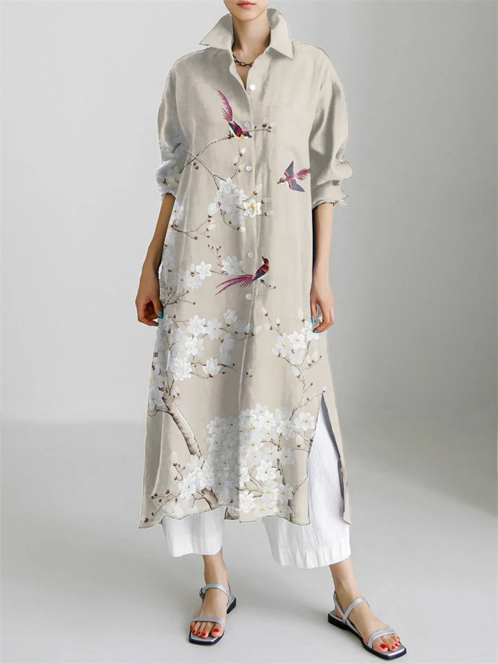 Floral Print Long Sleeve Slit Shirt Dress