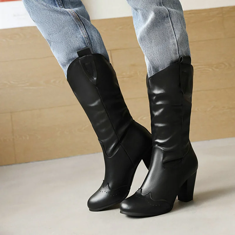 Women's Pull On Mid Calf Boots Chunky High Heels Cowboy Boots