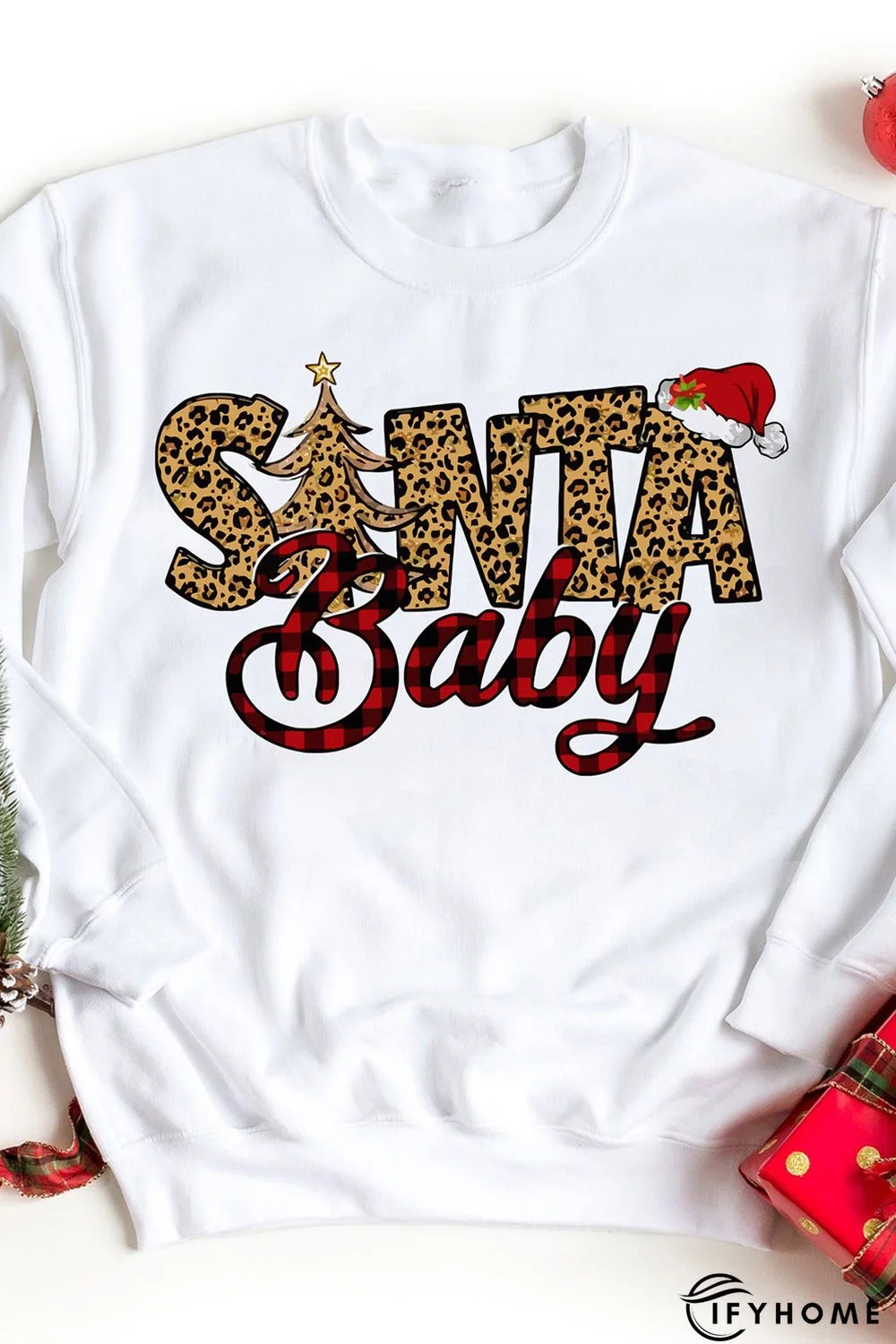 White Santa Baby Leopard Plaid Print Pullover Sweatshirt | IFYHOME