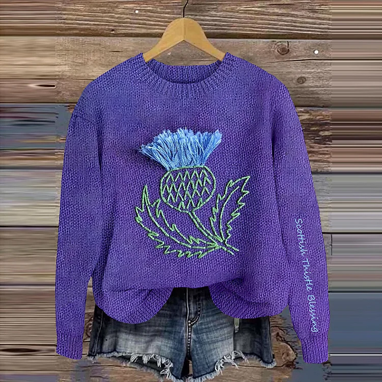 Comstylish Scottish Thistle Blessing Embroidered Cozy Sweater