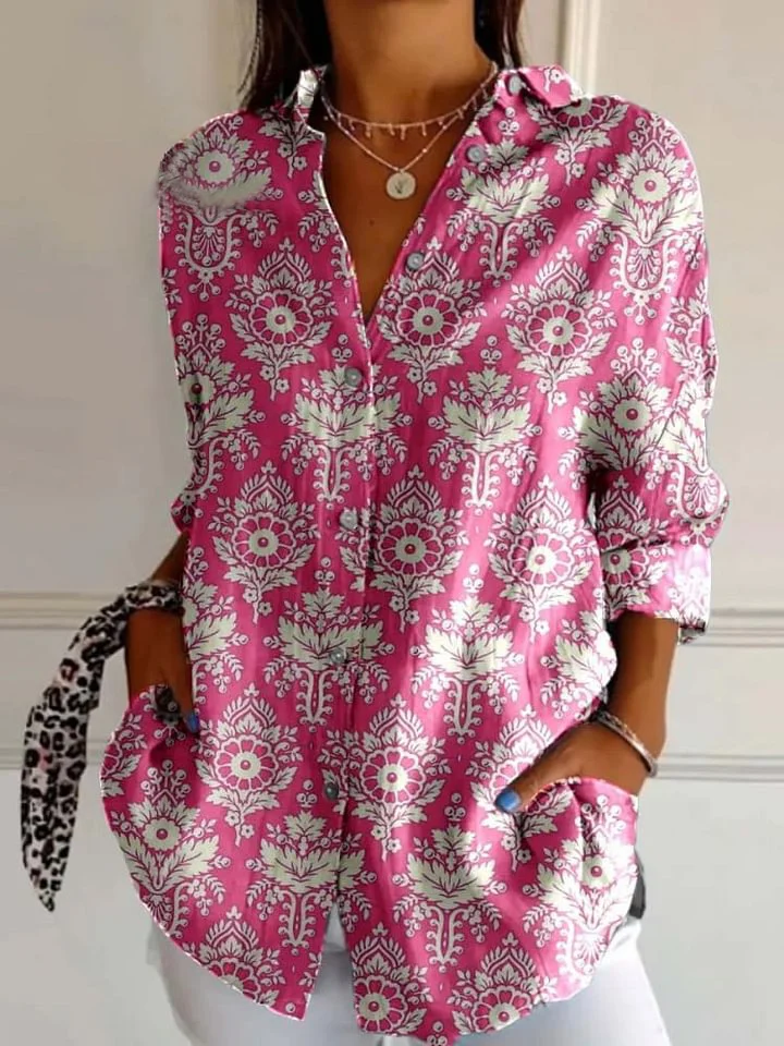 Vintage Geometric Pattern Printed Women's Casual Cotton Shirt