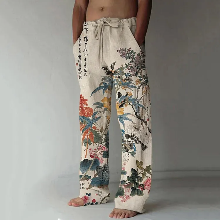 Men's Vintage Floral Plant Art Print Loose Pants