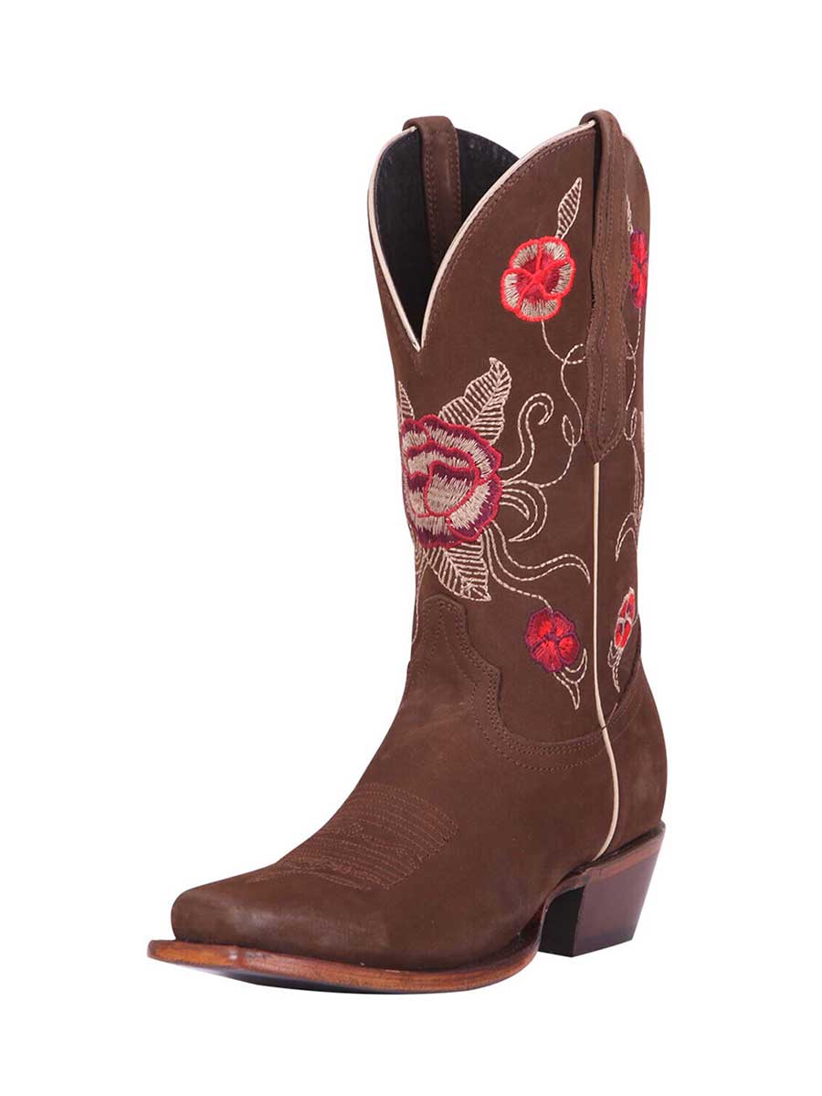 Brown Snip Toe Chunky Heel Floral Embroidered Pull-On Cowgirl Boots