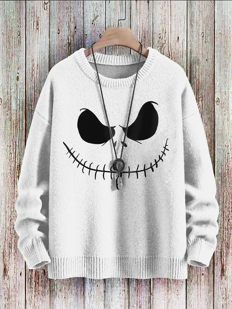 Men's Halloween Skeleton Face Print Knit Pullover Sweater