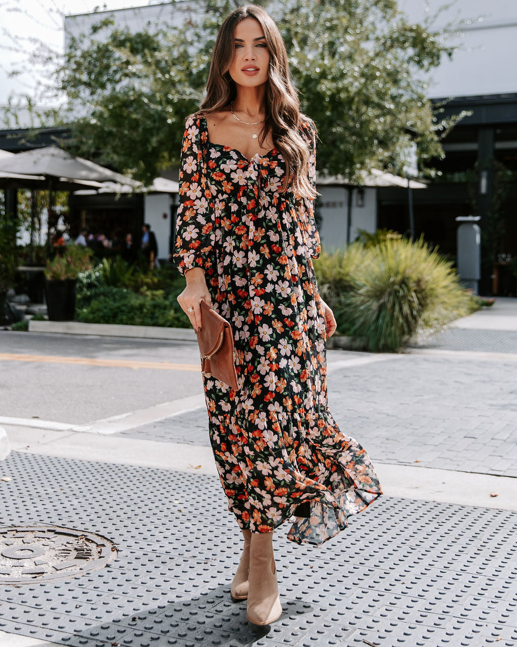 Floral Chiffon Maxi Dress - Black