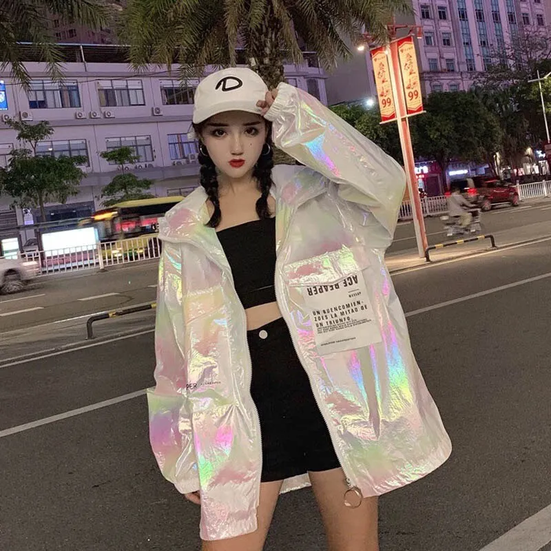 Jacket  Woman Plus Size Sun Protection Loose Shiny Casual Outwear Coat Female Jacket Autumn Jacket Jaquet Hooded Windbreaker