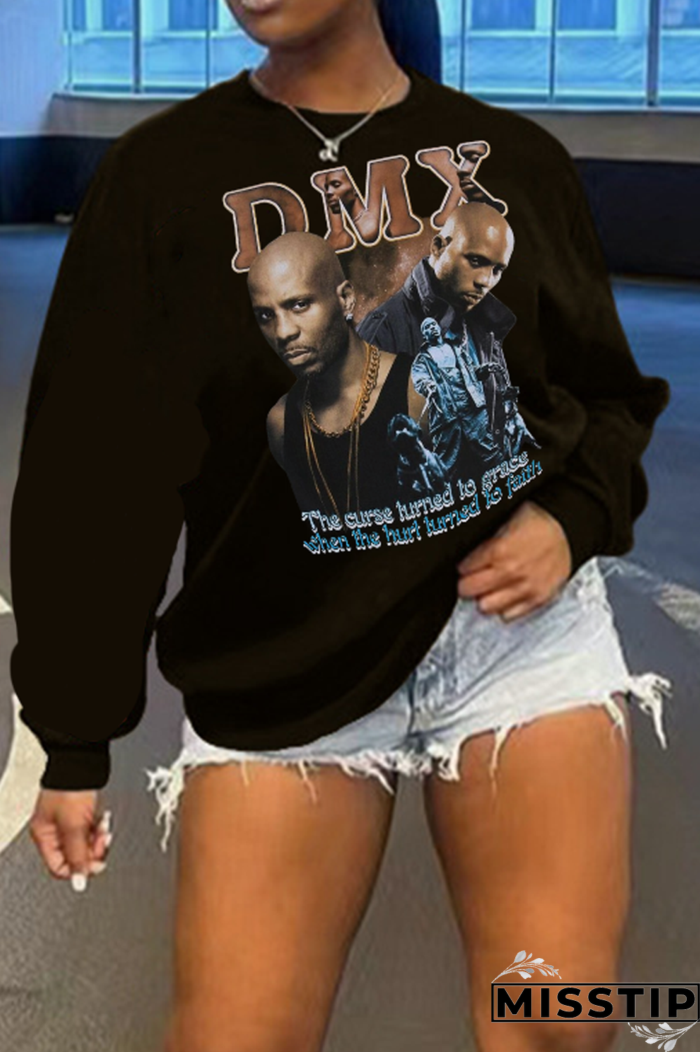 Blue Street Print Patchwork Letter O Neck Tops