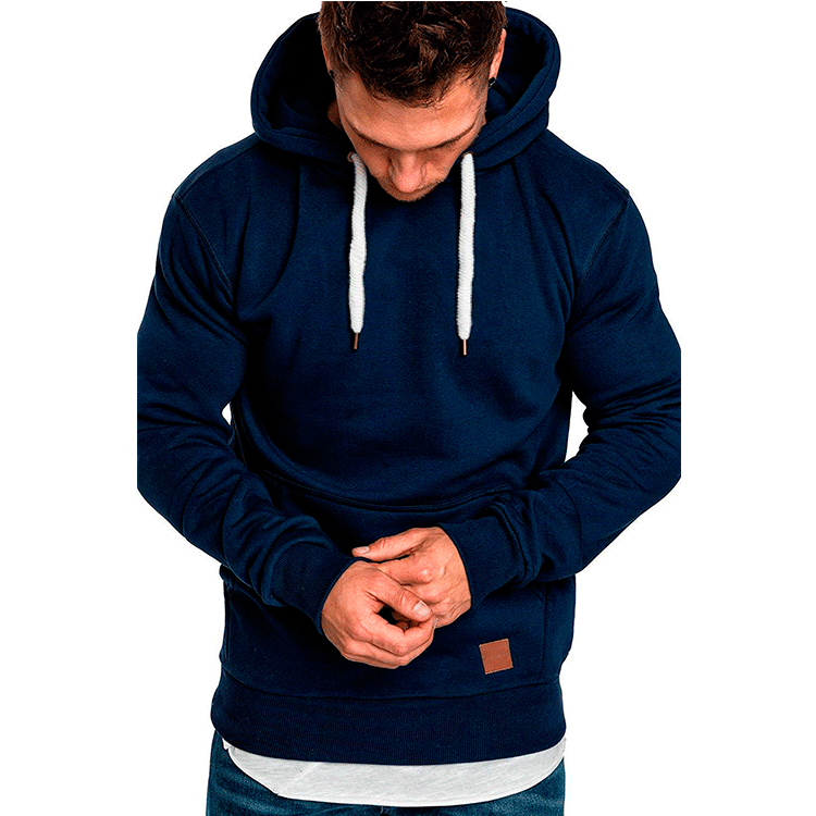 BrosWear Casual Solid Color Drawstring Patch Pocket Hoodie Navy Blue	