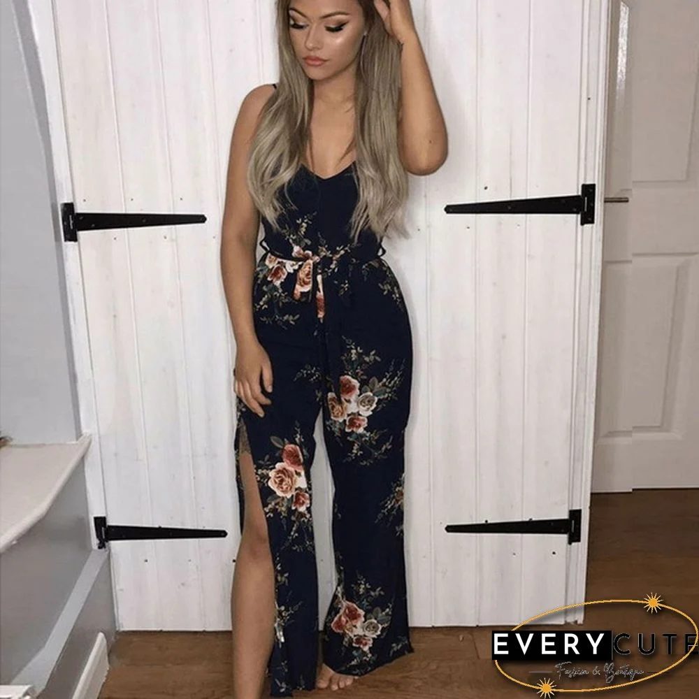 Deep V Neck Casual Jumpsuits Rompers Floral Jumpsuits for Women Sleeveless pantalon femme