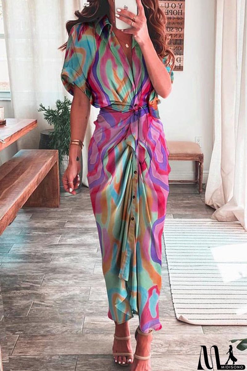 MidiSono - Casual Print Patchwork Turndown Collar Shirt Dress Short Sleeve Dress