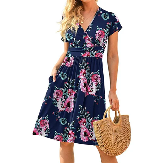 Women's Print Loose Short Sleeve Pocket Dress