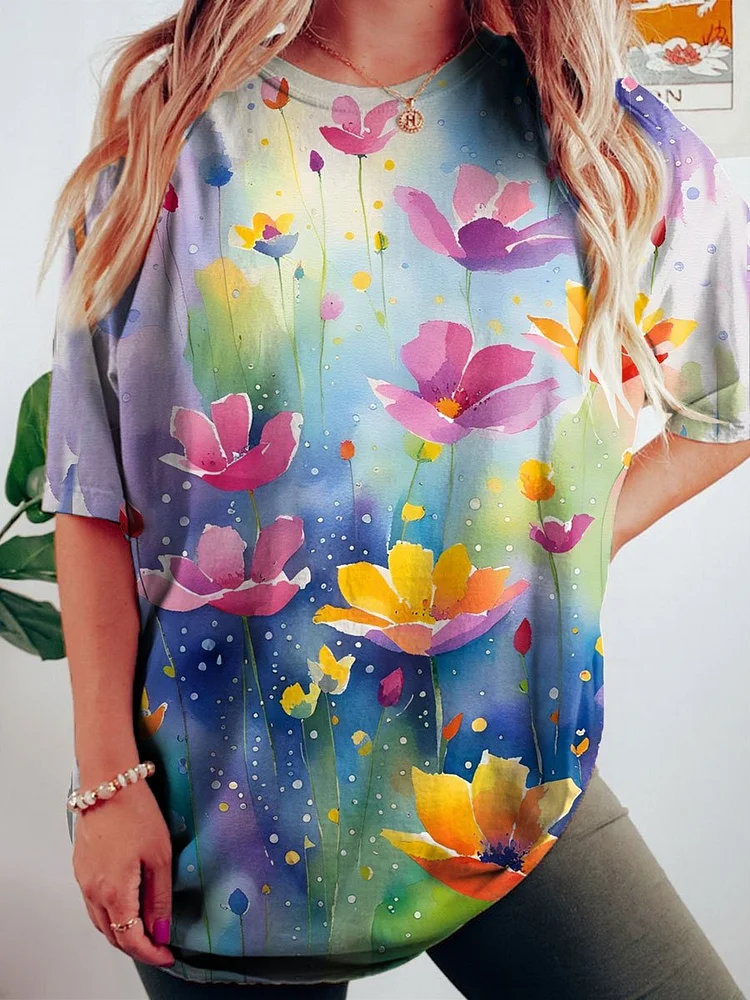 Women's Wild Flower Print Crew Neck Causl Shirt