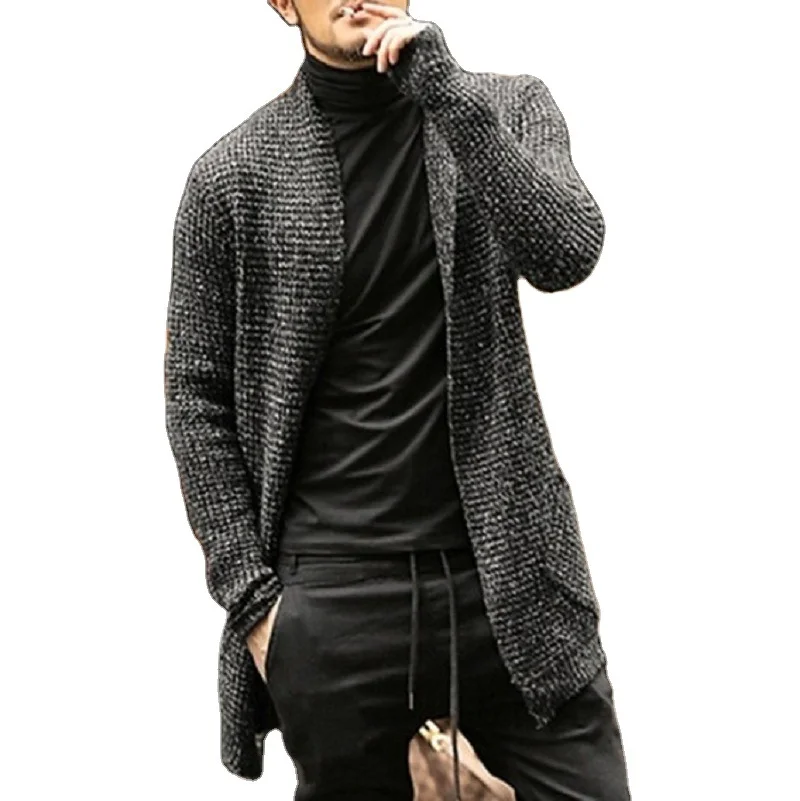 Wongn Wongn Men's Wear Long Sleeve Mixed Color Knit Pocket Cardigan Trench Coat Sweater