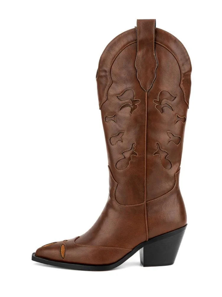 Brown Applique Cowgirl Wide Mid Calf Boots Slip-On Slanted Chunky Heeled Western Boots