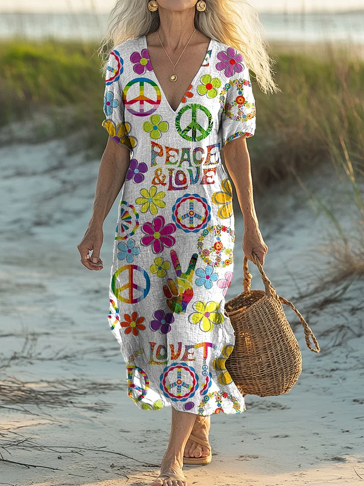 Women's Floral Hippie Art Print Short Sleeve Pocket Cotton Linen Dress