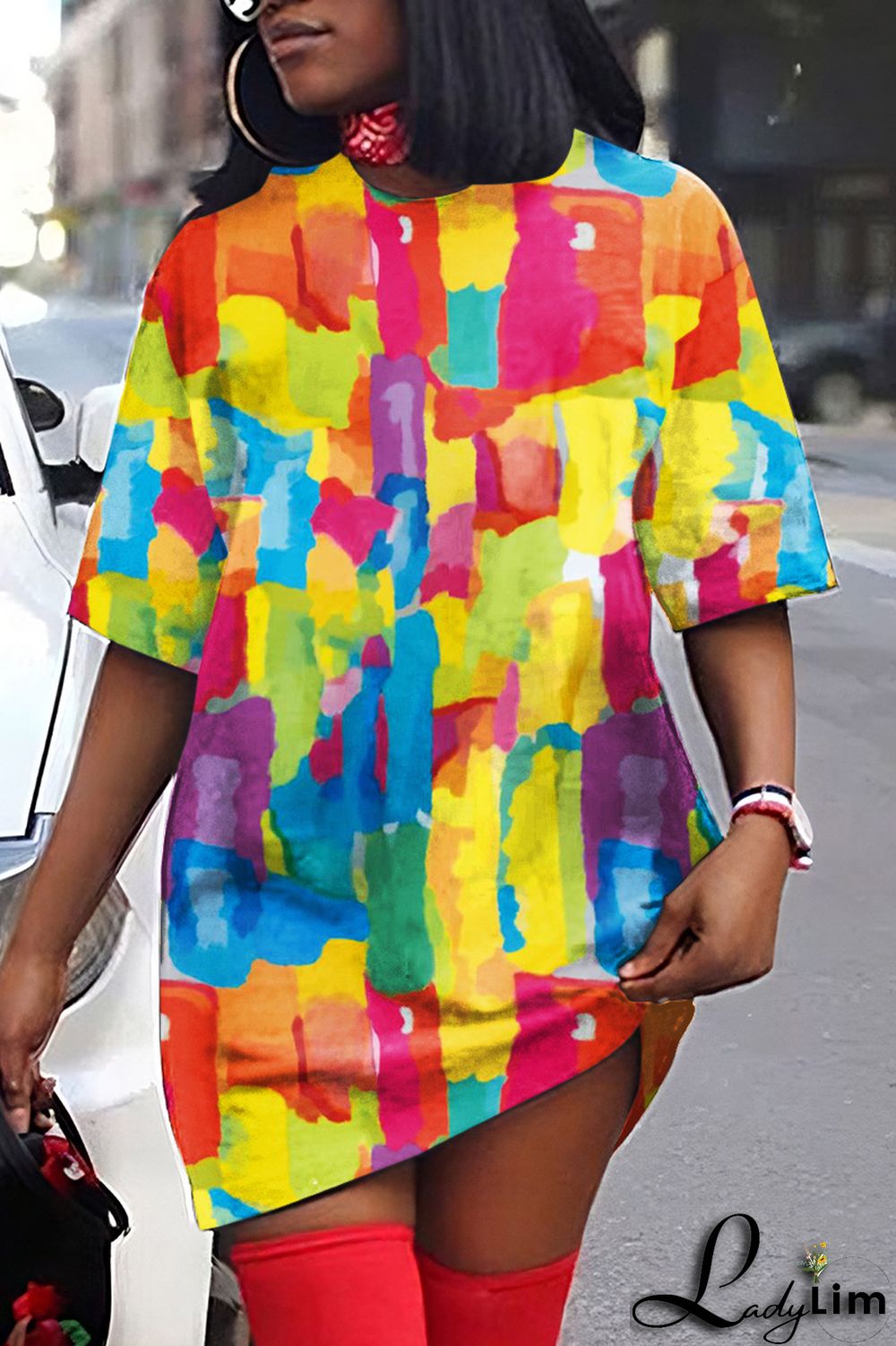 Yellow Casual Print Basic O Neck T-shirt Dress Short Sleeve Dress