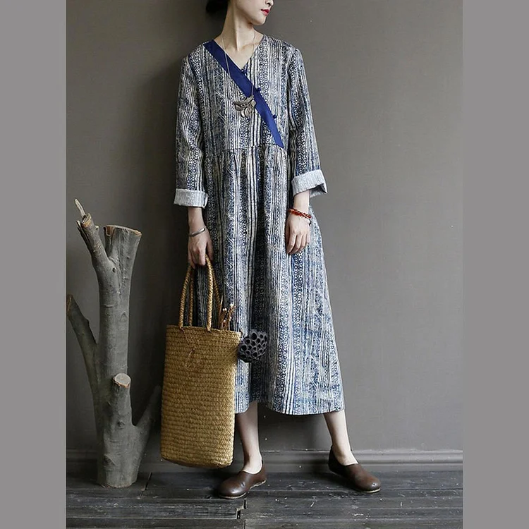 Chic v neck linen spring dresses Wardrobes blue prints Dresses