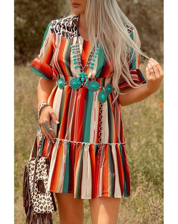 Striped Leopard Mini Dress Summer Boho Dress
